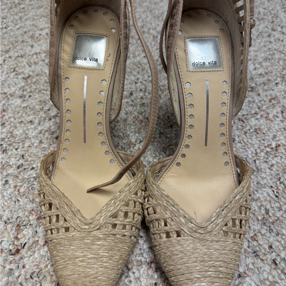 Dolce Vita Beige Woven Pointed-Toe Ankle Tie Heels